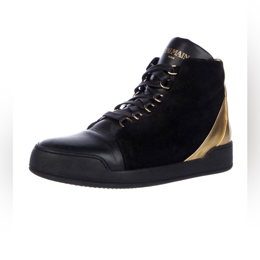 BALMAIN black & gold leather/suede sneakers